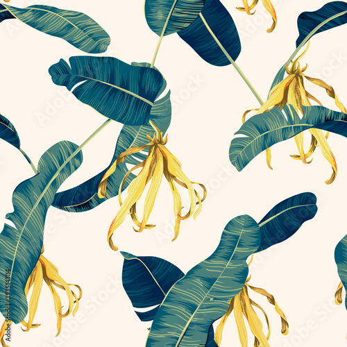 Floral seamless pattern, hand drawn banana leaves and Cananga odorata on brig...