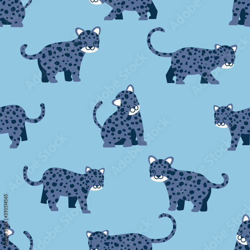Animal seamless pattern  various poses of cute leopard in blue tone
