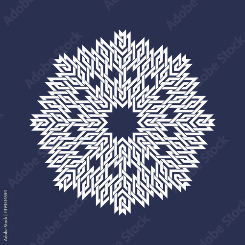 Eight pointed circular pattern in Oriental intersecting lines style. White mandala in snowflakes form on blue background.