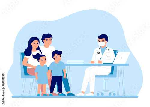 Consultation family parents and children in clinic medical office. Medical family advice, doctor supervision. Prevention and treatment to maintain health. Vector flat