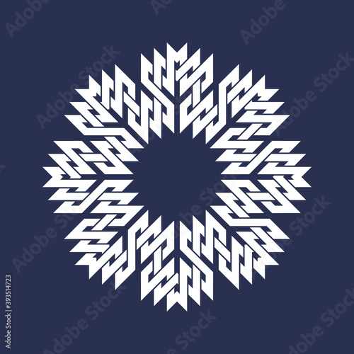 Eight pointed circular pattern in Oriental intersecting lines style. White mandala in snowflakes form on blue background.