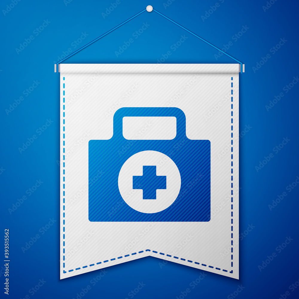 Obraz premium Blue First aid kit icon isolated on blue background. Medical box with cross. Medical equipment for emergency. Healthcare concept. White pennant template. Vector Illustration.