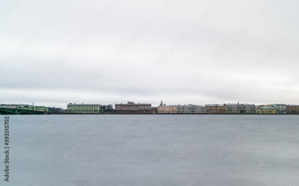 Winter panoramic view of Saint Petersburg. Neva river, long exposure.