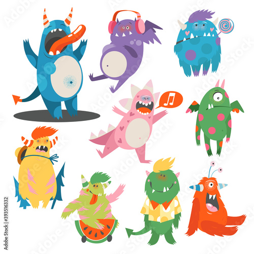 Comic Monsters with Horns and Wings Listening to Music and Having Fun Vector Set