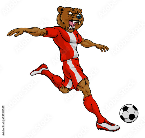 A bear soccer football player cartoon animal sports mascot kicking the ball
