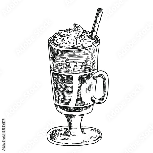 Hand drawn black and white crosshatch vector illustration of a cup of irish coffee in a tall glass. No background.