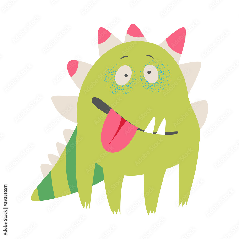 Fototapeta premium Comic Monster with Spikes Standing Sticking Out Its Tongue Vector Illustration