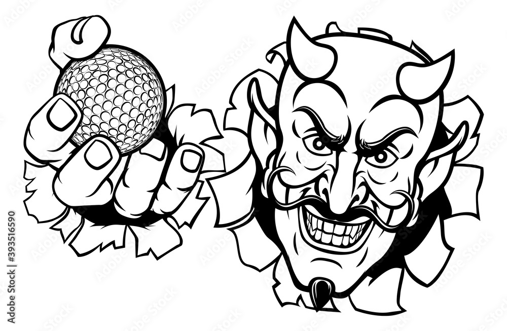 Obraz premium A devil or satan golf sports mascot cartoon character holding a ball