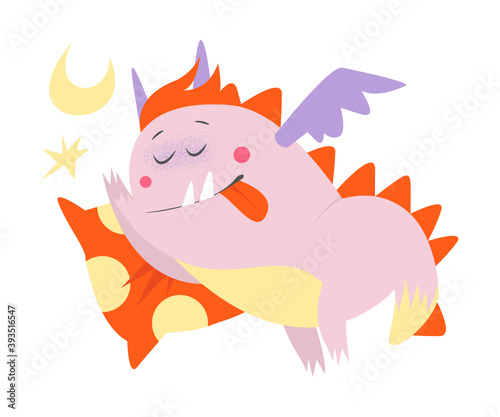 Funny Comic Monster with Wings Sleeping on Pillow Vector Illustration