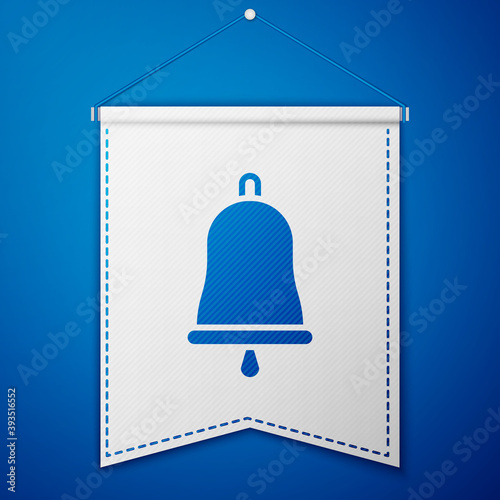 Blue Ringing bell icon isolated on blue background. Alarm symbol, service bell, handbell sign, notification symbol. White pennant template. Vector Illustration.