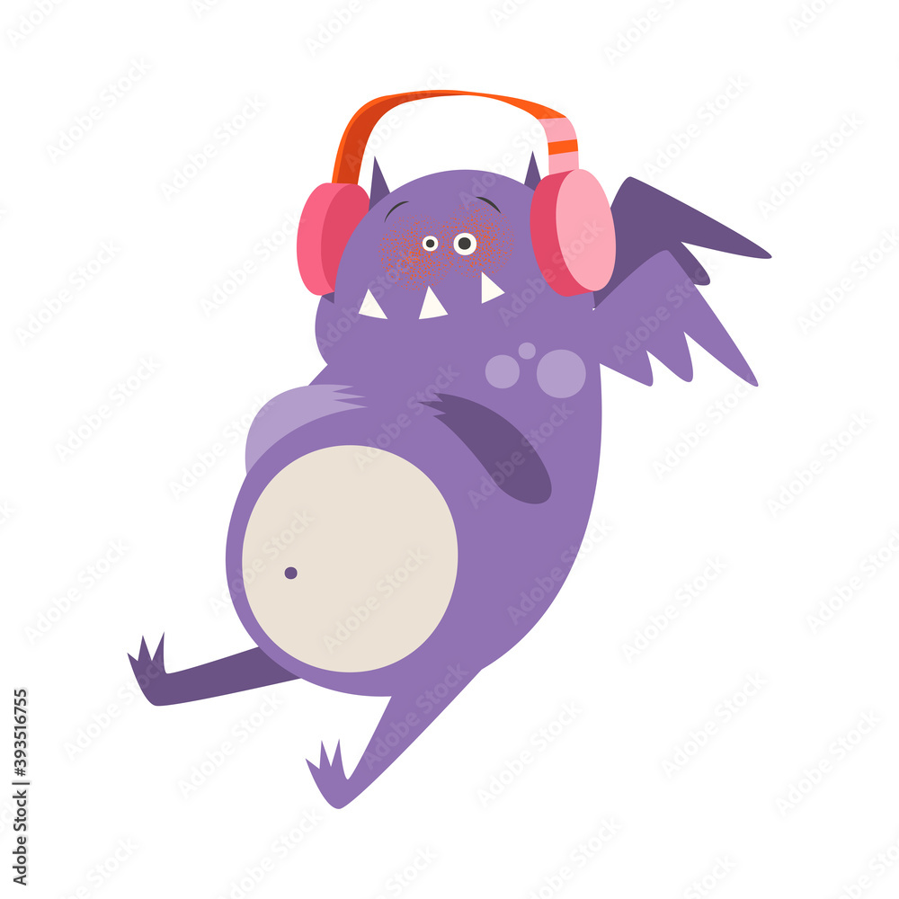 Fototapeta premium Funky Monster with Wings and Horns Sitting with Headphones and Listening to Music Vector Illustration