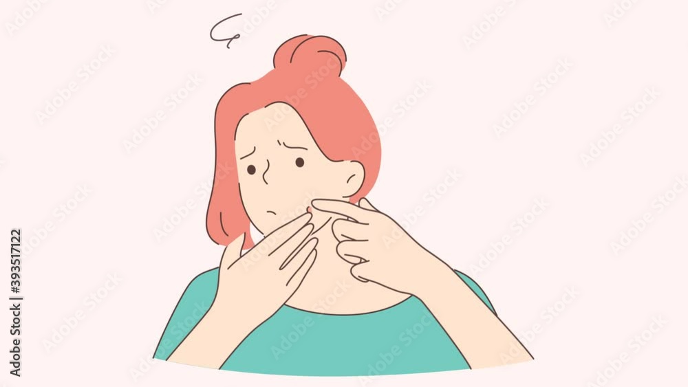 Skincare, acne problem, puberty concept. 3d graphic video portrait of young upset woman teenager cartoon character looking at mirror popping squeezing pimple at home. Awkward age motion design footage Skincare, acne problem, puberty concept. 3d graphic video portrait of young upset woman teenager cartoon character looking at mirror popping squeezing pimple at home. Awkward age motion design footage