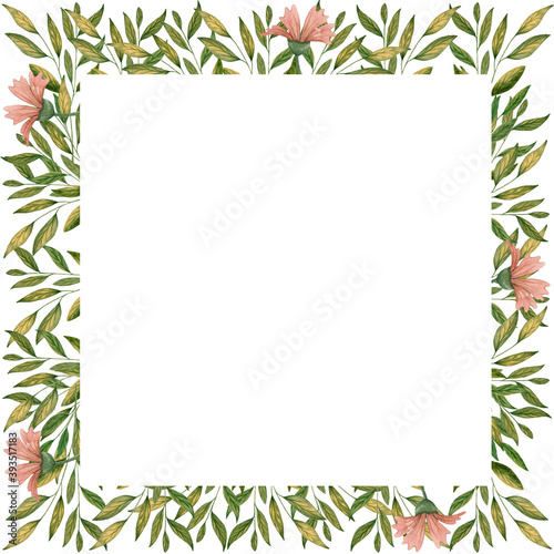 Watercolor frame with green leaves and twigs  red flowers. Square picture.