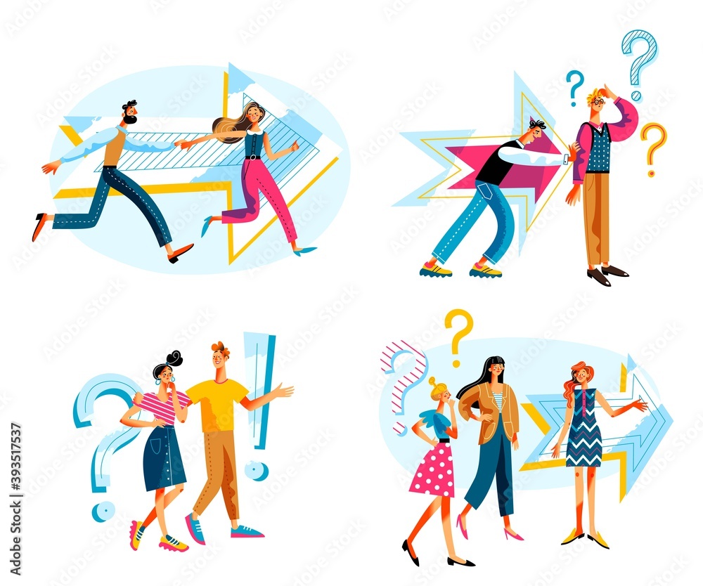 Refer friend program set. Question and business referral vector illustration. People thinking, communication and discussion icons, asking for job, friends recommending person