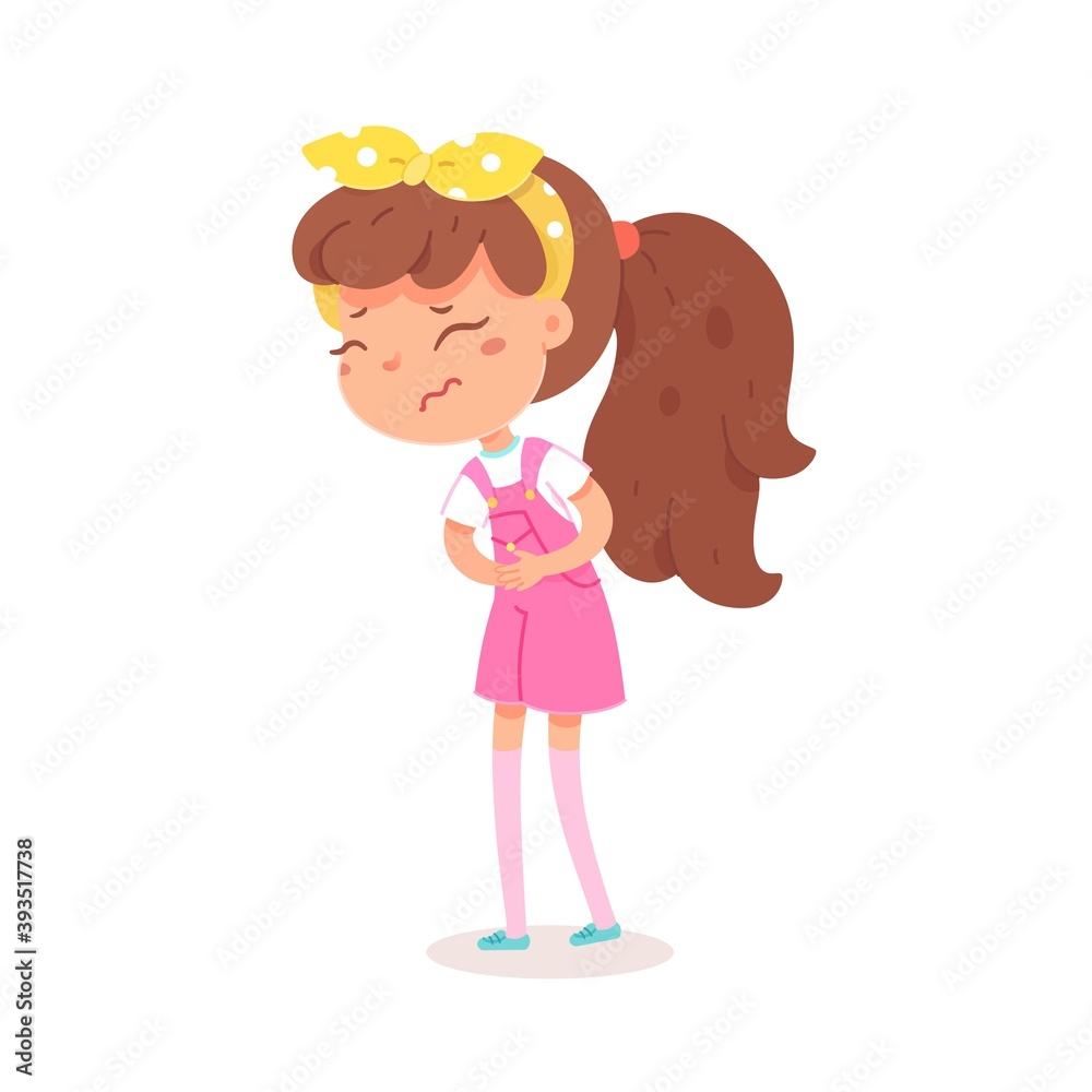 Depressed sick girl hugging herself, clasping hands. Child wearing dress and bow in hair, isolated on white background. Vector character illustration of children gestures, emotions, types of moods. Depressed sick girl hugging herself, clasping hands. Child wearing dress and bow in hair, isolated on white background. Vector character illustration of children gestures, emotions, types of moods.