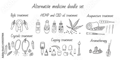 Set of alternative medicine tools. Cupping treatment, acupuncture, aromatherapy, hemp and cbd oil, reiki and crystal therapy. Doodle sketch vector illustration black outline. Wellbeing and Recovery.