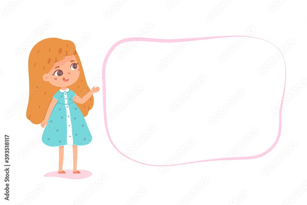 Smiling girl pointing hand on blank empty banner or poster with copyspace. Sheet of paper in frame. Vector character illustration of kid presentation element design, template for school education. Smiling girl pointing hand on blank empty banner or poster with copyspace. Sheet of paper in frame. Vector character illustration of kid presentation element design, template for school education.