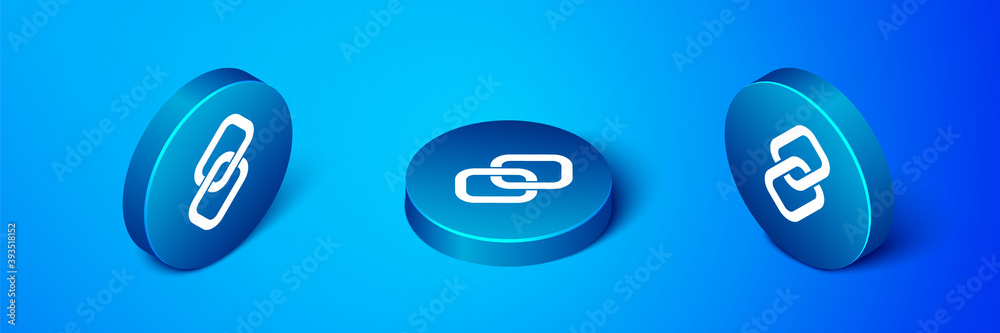 Isometric Chain link icon isolated on blue background. Link single. Hyperlink chain symbol. Blue circle button. Vector. Isometric Chain link icon isolated on blue background. Link single. Hyperlink chain symbol. Blue circle button. Vector.
