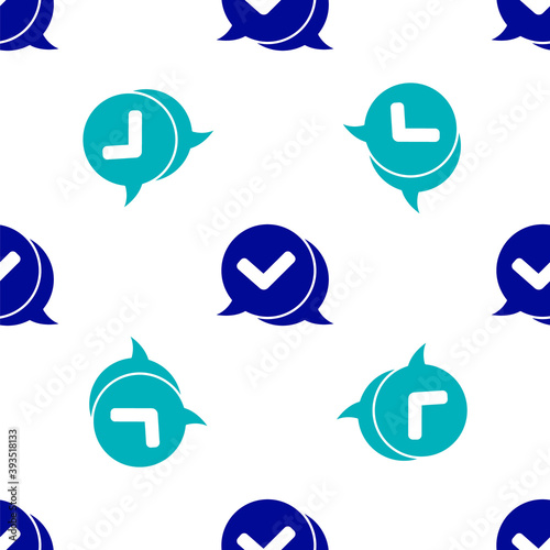 Blue Check mark in speech bubble icon isolated seamless pattern on white background. Security, safety, protection, privacy concept. Tick mark approved. Vector.