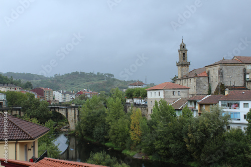 City of Rivadavia Galicia, seen from a bridge on a torrential rainy day