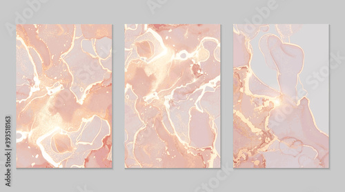 Pink, coral and gold marble abstract background set. Alcohol ink technique vector stone textures. Modern paint with glitter. Template for banner, poster design. Fluid art painting
