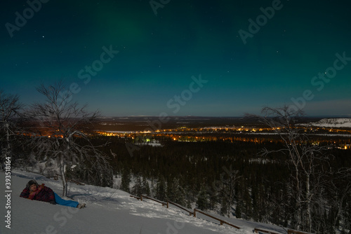 Aurora Borealis, northern lights, ski resort in Lapland Finland 