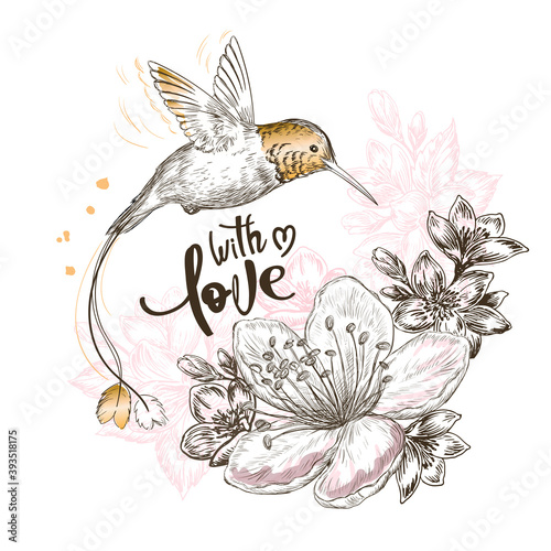 Hand drawn sketch illustration with cute hummingbird bird, lettering with love and beautiful flowers on white background