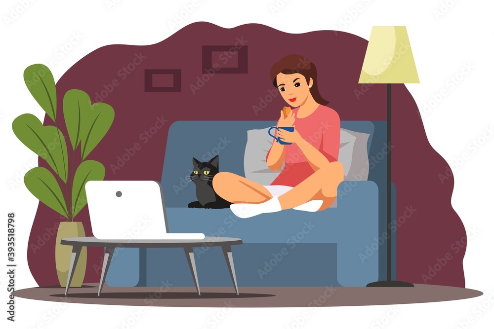 Happy girl watching tv at home with cat. Young woman at house sitting on armchair, watching television and holding pet. Rest and relax at house vector illustration. Modern interior design Happy girl watching tv at home with cat. Young woman at house sitting on armchair, watching television and holding pet. Rest and relax at house vector illustration. Modern interior design