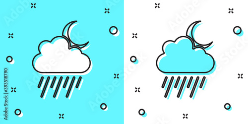 Black line Cloud with rain and moon icon isolated on green and white background. Rain cloud precipitation with rain drops. Random dynamic shapes. Vector.
