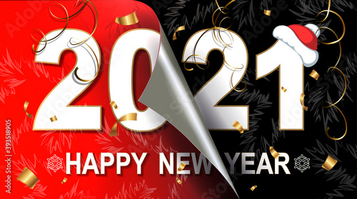 Happy new year 2021 christmas composition, upside-down red and black, silhouette of abstract spruce branch, gold tinsel