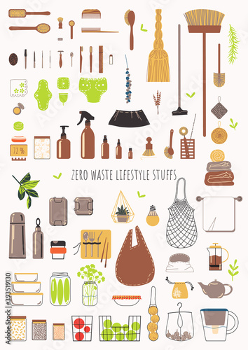 A set of objects and things. Reusable and biodegradable. Zerowaste lifestyle. Vector illustration. Flat style.
