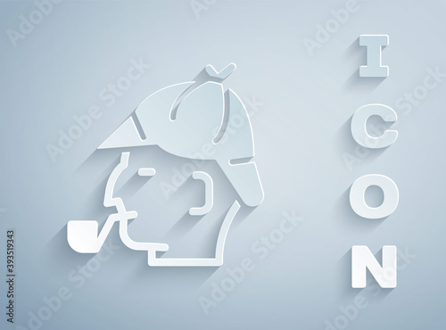 Paper cut Sherlock Holmes with smoking pipe icon isolated on grey background. Detective. Paper art style. Vector.