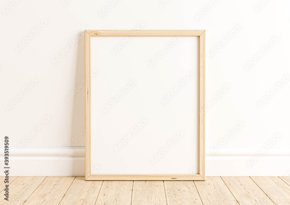 Vertical 8x10 Wood Frame Mockup. Vertical Wood Frame on a wooden floor and white wall. Vertical 8x10 Wood Frame Mockup. Vertical Wood Frame on a wooden floor and white wall.