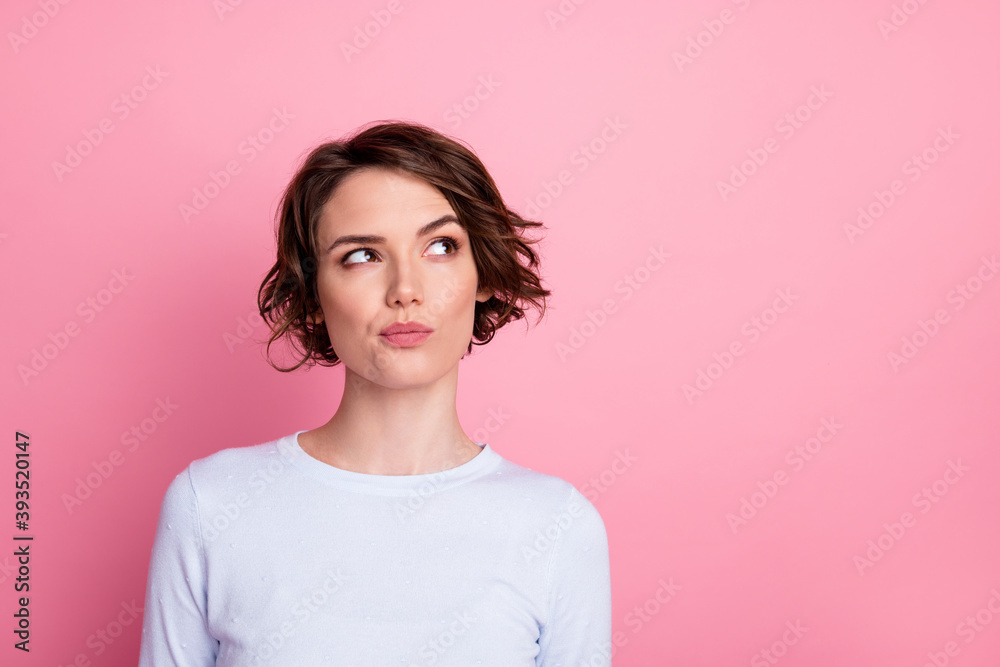 Portrait of minded smart girl look copyspace think wear pullover isolated over pink color background Portrait of minded smart girl look copyspace think wear pullover isolated over pink color background