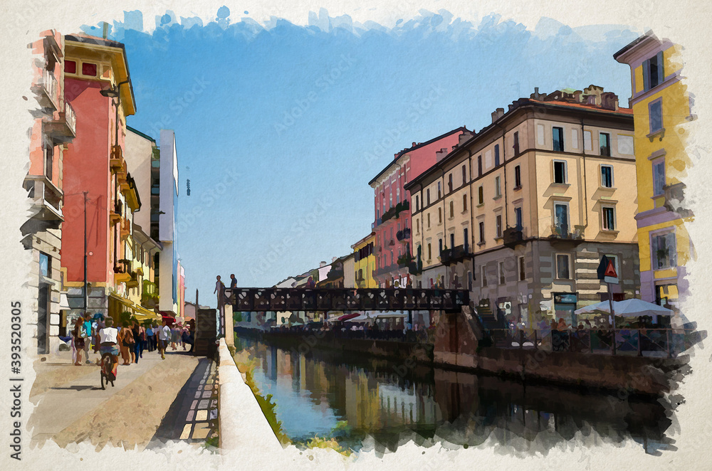 Watercolor drawing of Milan Bridge Pont de fer across water of Naviglio Grande grand canal waterway, embankment, promenade and colourful buildings in beautiful summer day with blue sky, Lombardy