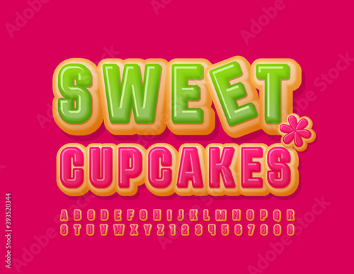 Vector emblem Sweet Cupcakes with Decorative Flower. Tasty cake Font. Donut Alphabet Letters and Numbers set