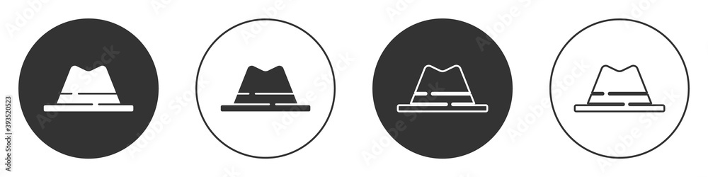 Black Man hat with ribbon icon isolated on white background. Circle button. Vector. Black Man hat with ribbon icon isolated on white background. Circle button. Vector.