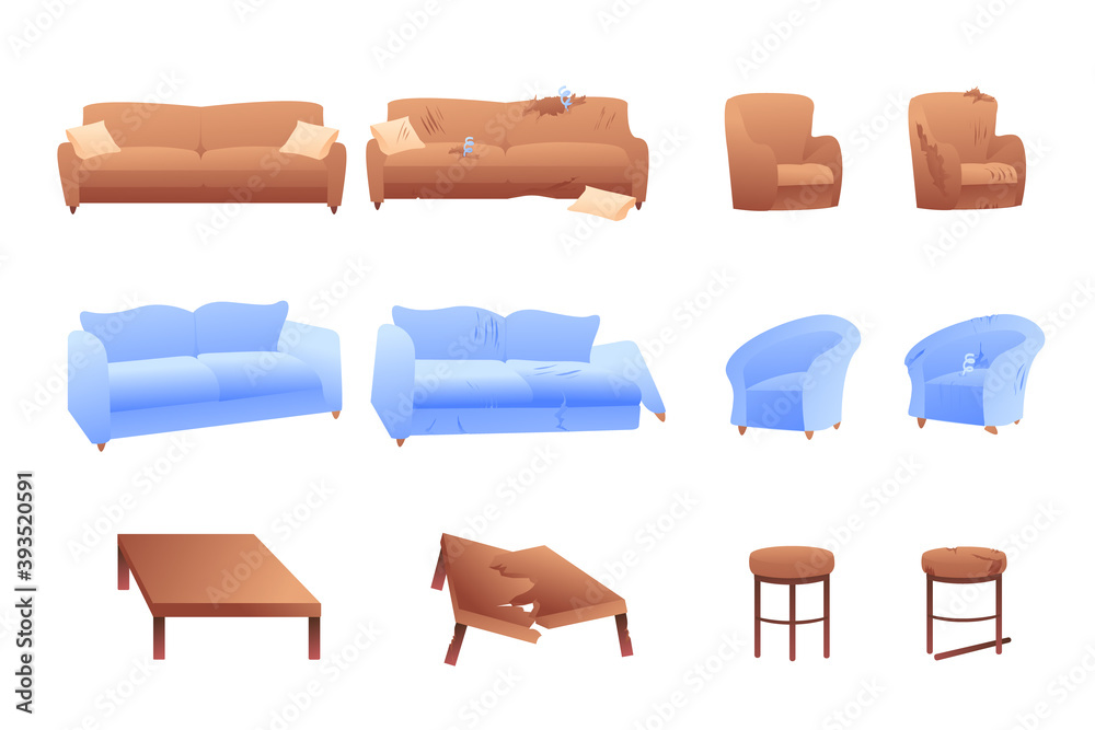 Set of illustrations of broken room furniture on a white background