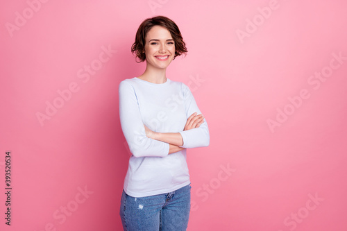 Turned photo of charming lady cross hands wear pullover isolated over pink color background © deagreez