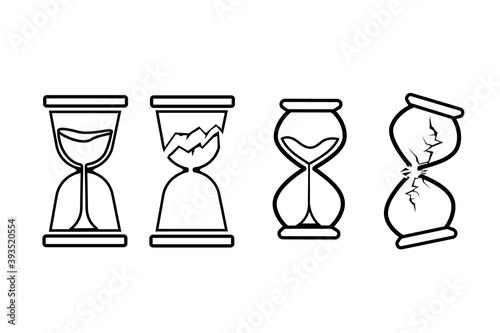 Broken hourglass icons on white background. Time illustration, modern outline illustration. Time is up.