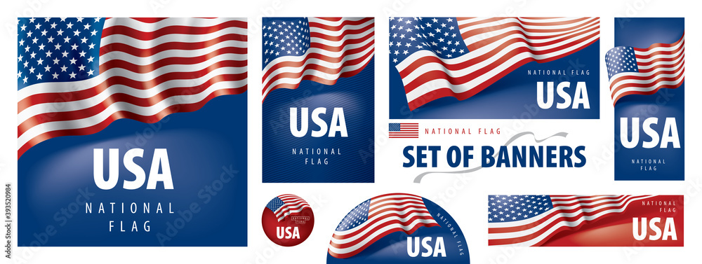 Vector set of banners with the national flag of the United States of America
