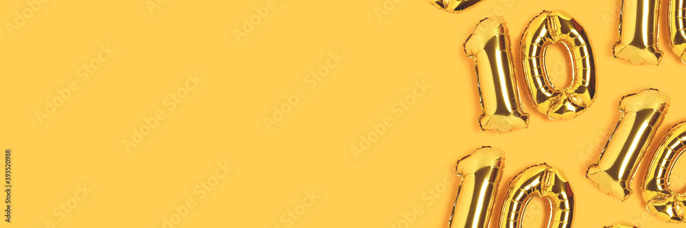 Banner with numbers 10 golden balloons frame with copy space. Ten years