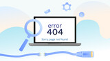Sorry, page not found, 404 error, no internet connection, broken network cable. Laptop monitor on modern background, internet icon design, setting, search.