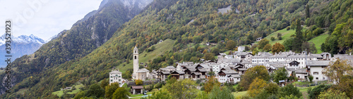 Panoramic view of the Swiss mountain village Soglio, canton of the Grisons, Switzerland. It is credited as one of the most beautiful Swiss villages.