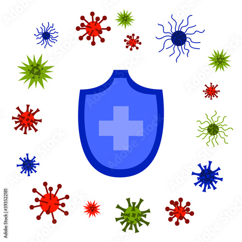 Shield with cross surrounded by influenza viruses and coronavirus - microorganisms pathogens isolated on white