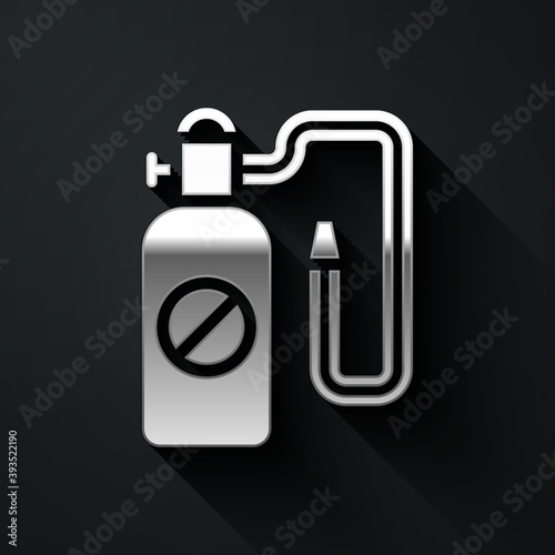 Silver Pressure sprayer for extermination of insects icon isolated on black background. Pest control service. Disinfectant sprayer. Long shadow style. Vector.