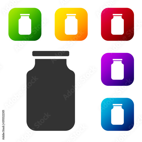 Black Glass jar with screw-cap icon isolated on white background. Set icons in color square buttons. Vector.