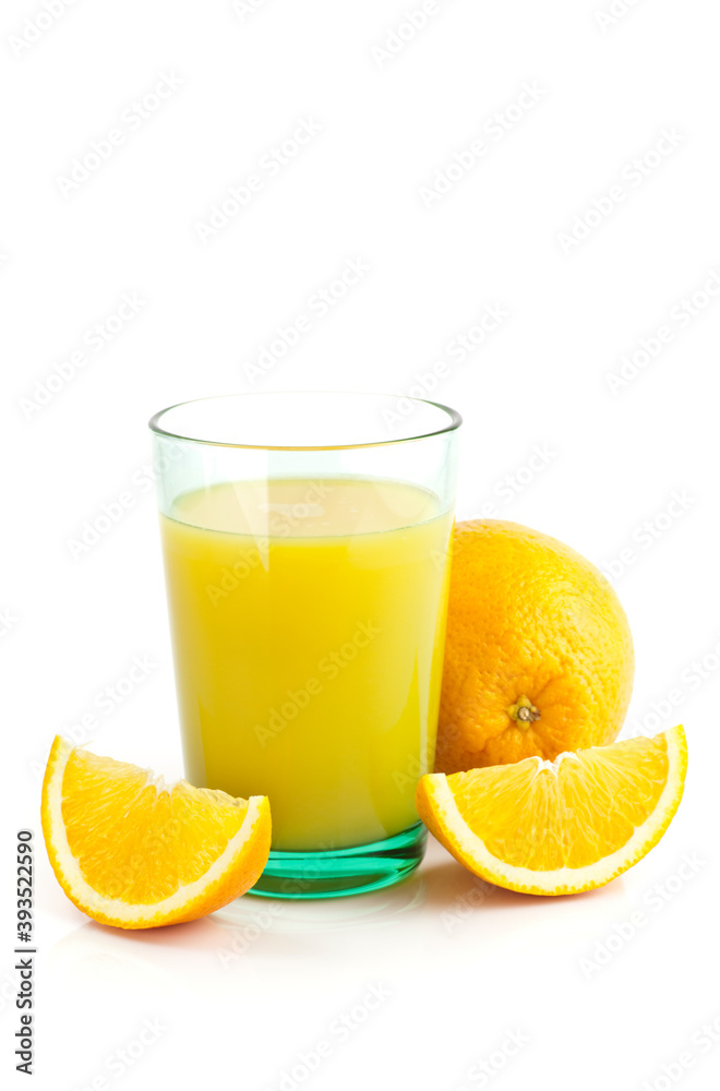 Glass of fresh orange juice with sliced oranges on white background. Glass of fresh orange juice with sliced oranges on white background.