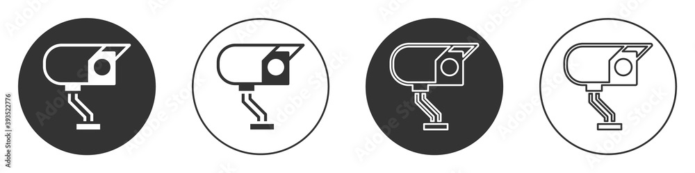 Black Security camera icon isolated on white background. Circle button. Vector. Black Security camera icon isolated on white background. Circle button. Vector.