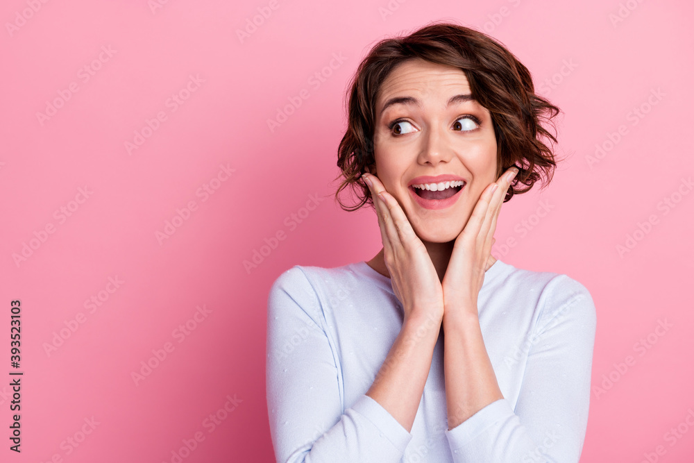 Astonished positive look copyspace sales touch hands face scream wear sweater isolated pastel color background